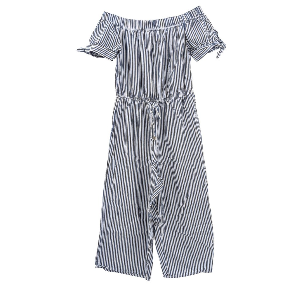 Blush Blue Grey White Striped Off-Shoulder Jumpsuit Coastal Beachy